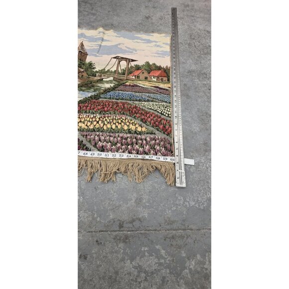 Vintage Cotton Tapestry depicting Dutch Scene with Tulips and Windmills 60x30in. - Picture 6 of 7